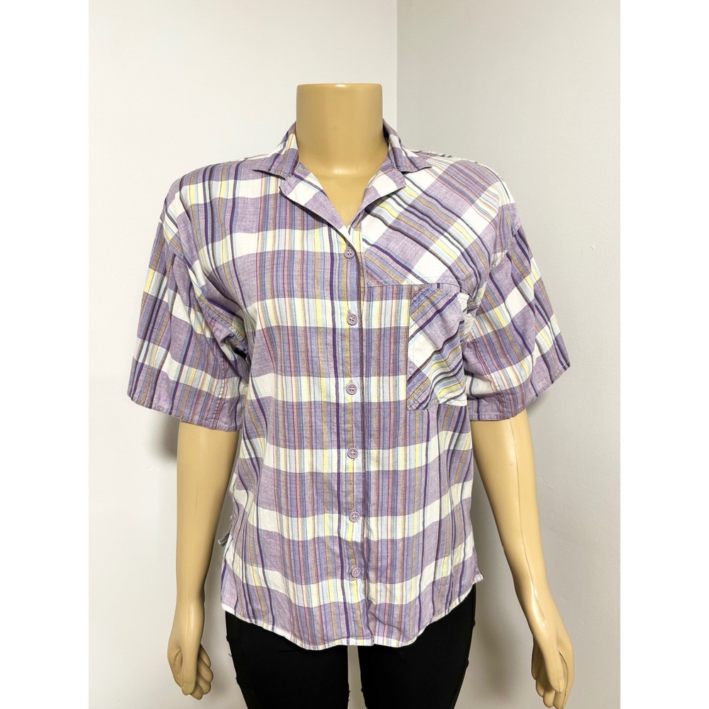 Messages Womens Purple Yellow Plaid Cotton Short Sleeve Button Down Shirt Small